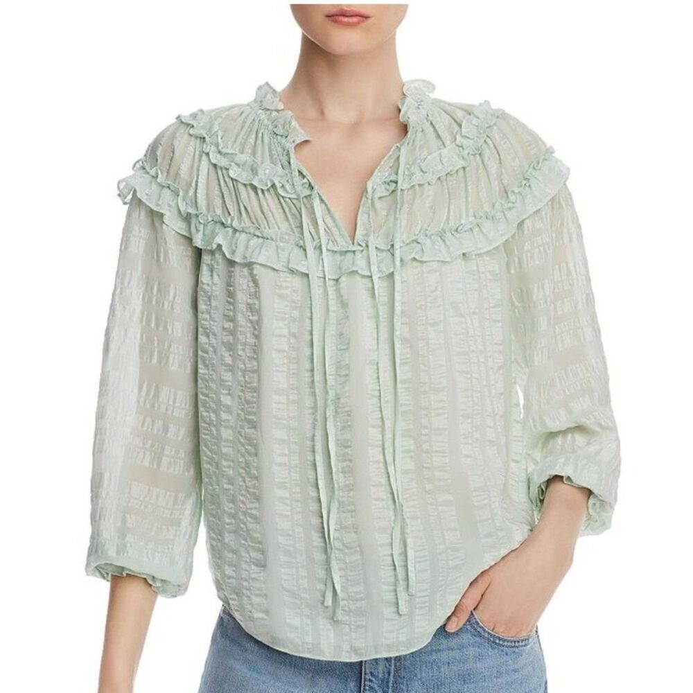 Rebecca Taylor Silk Ruffle Blouson Mint Green Tie Blouse 4 EUC $350